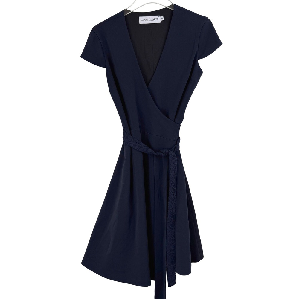 CAMILYN BETH Navy‎ Blue Wrap Dress Short Sleeve Lace Trim Knee Length WOMEN 2